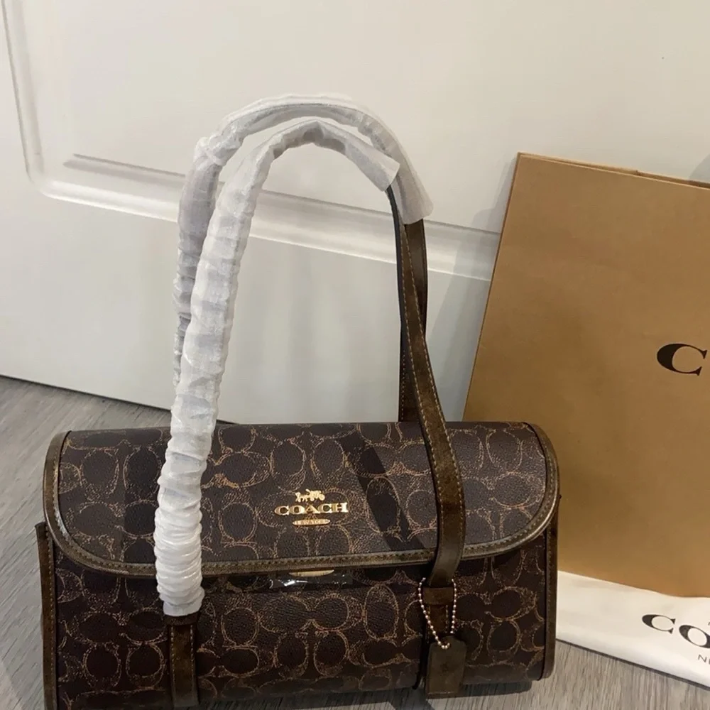 Coach Dark Brown Signature Canvas Shoulder Bag with Gold Logo